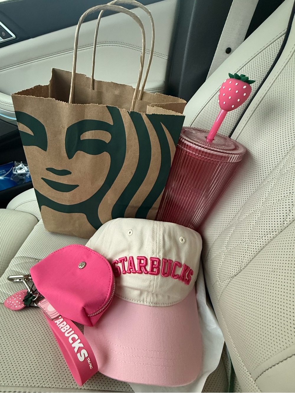 Starbucks Cream & Pink Logo Baseball Cap, strawberry cup and keychain